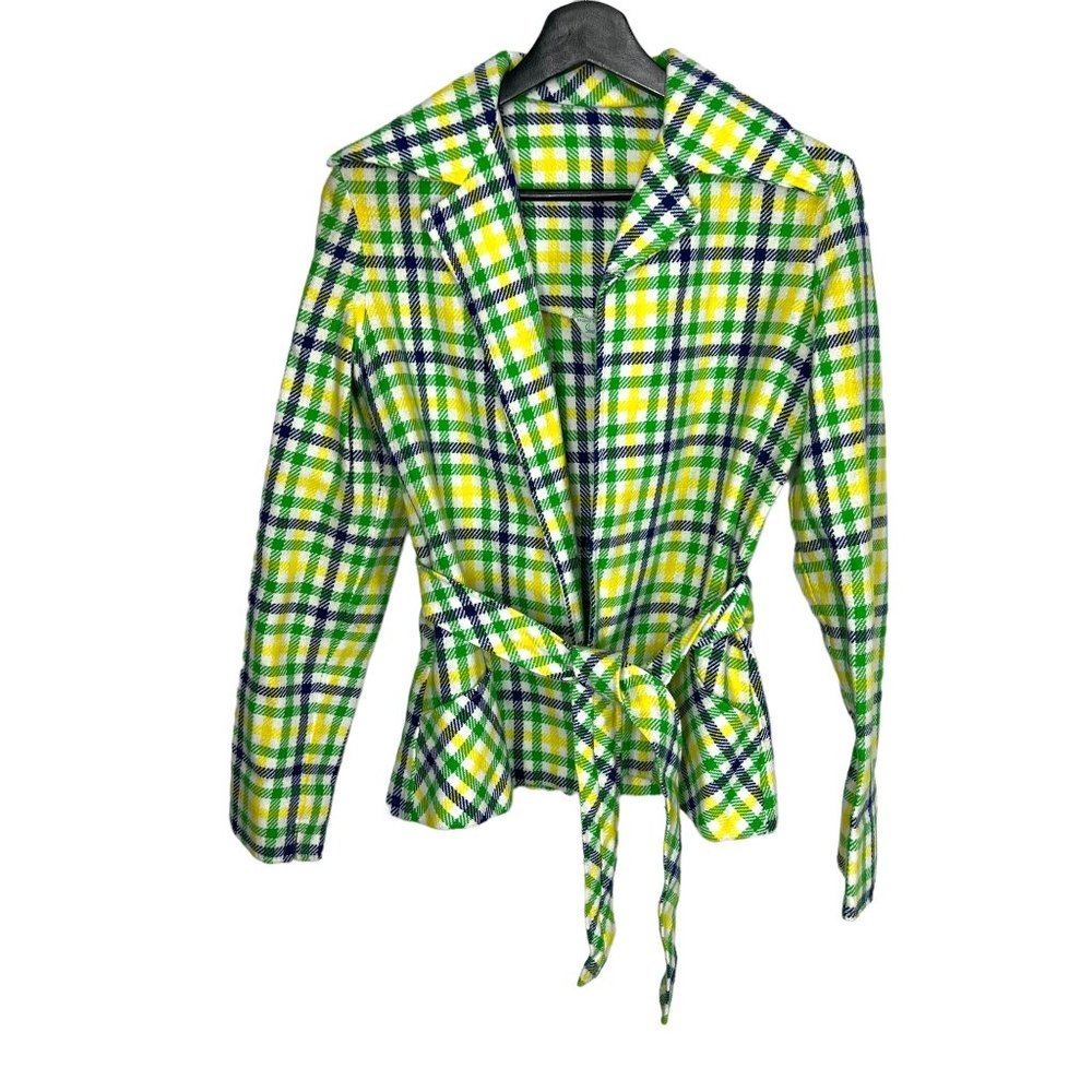 Vintage 70s Sears JR Bazaar Green Blue Plaid Waist Tie Blazer Medium